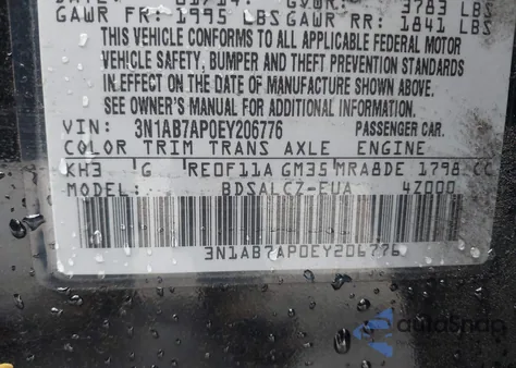 2014 Nissan Sentra S z USA, uszkodzony, nr VIN 3N1AB7AP0EY206776